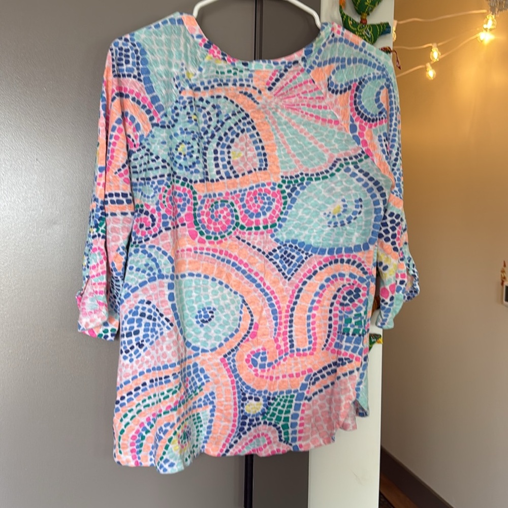 Lilly Pulitzer Womens Egret Tile Wave 100% Linen Henley Tunic Top - Picture 7 of 8